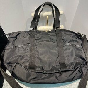 LeSportsac Medium Black Duffel Bag – Silver Buckle Strap Detail – Travel/Gym Bag
